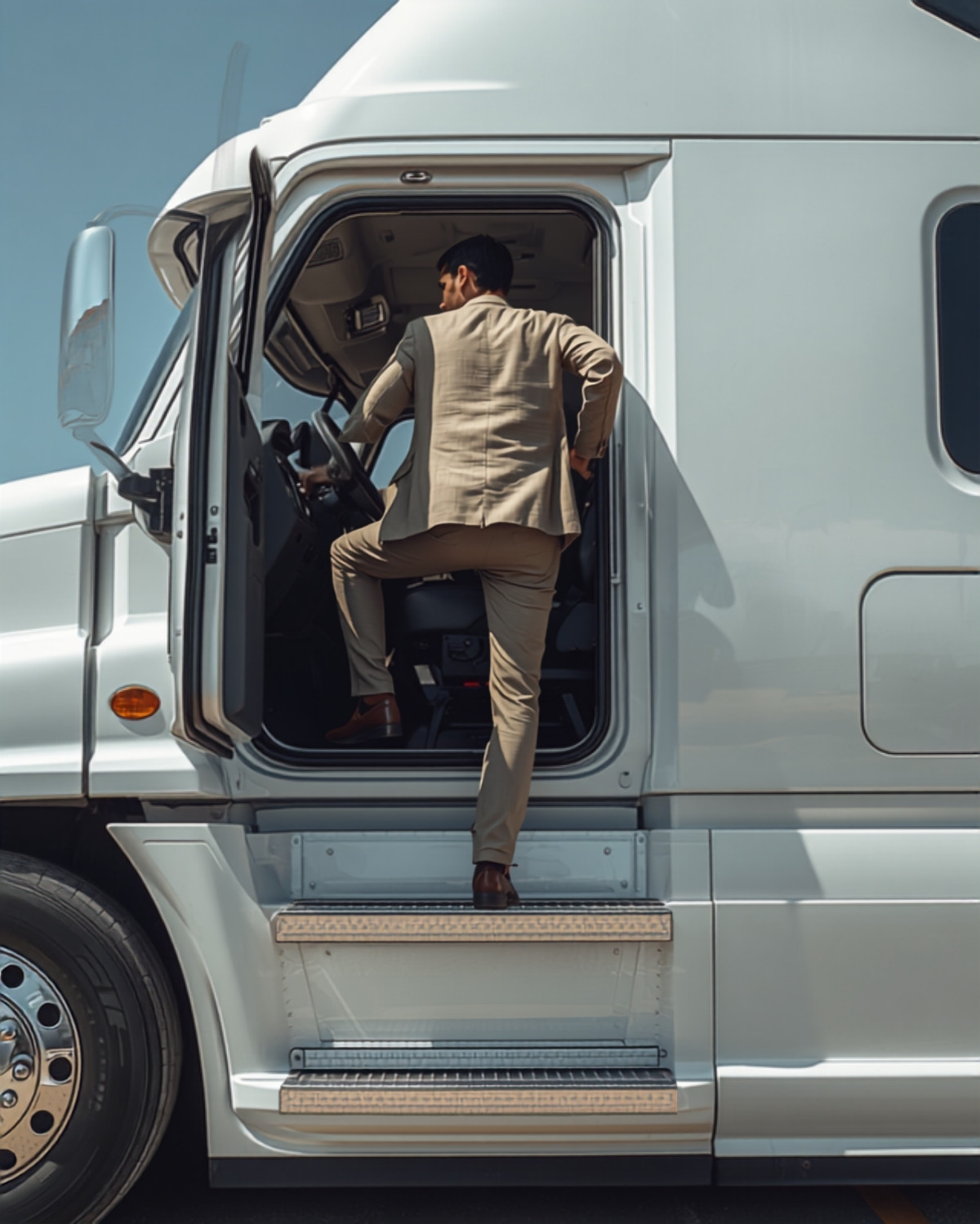 A driver stepping up into the cab of a truck
