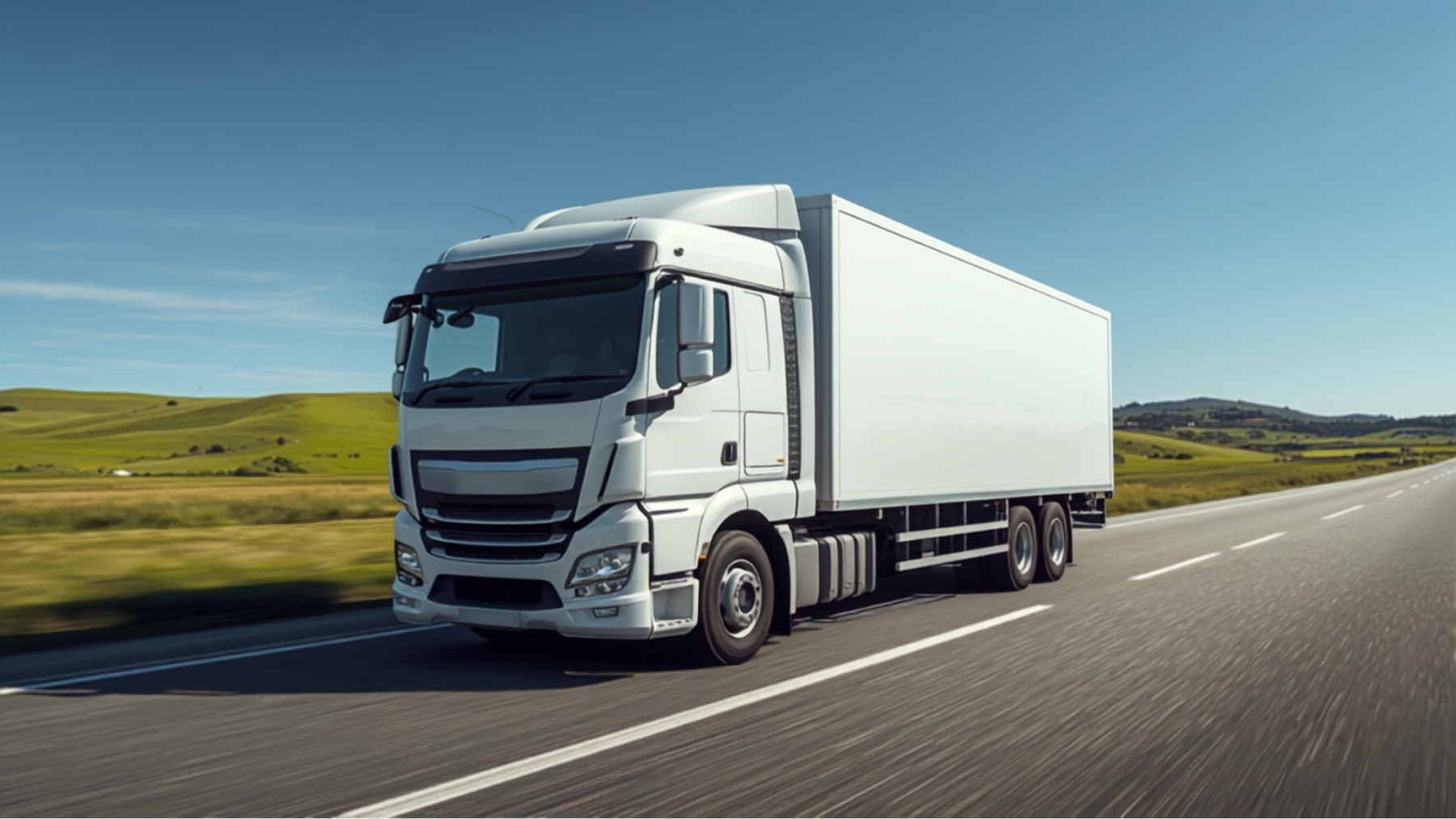 A truck being driven along an open highway through green hills