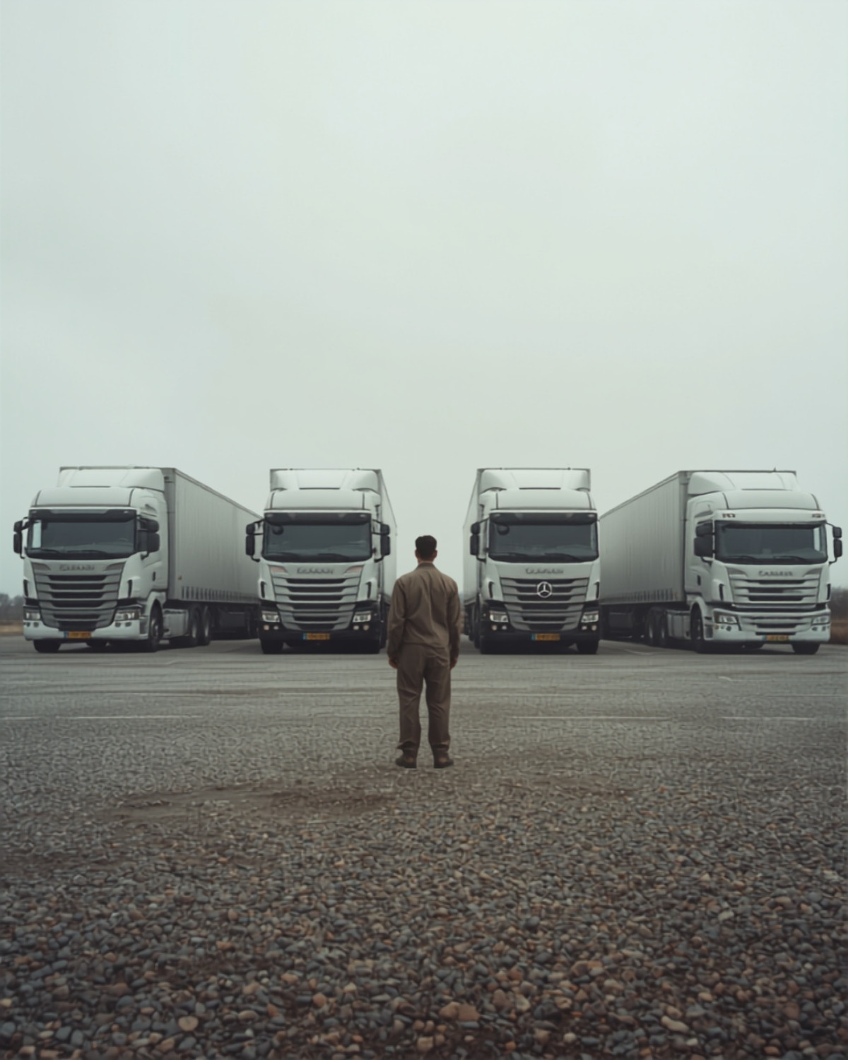 An operator standing in front of a line of parked trucks in a yard